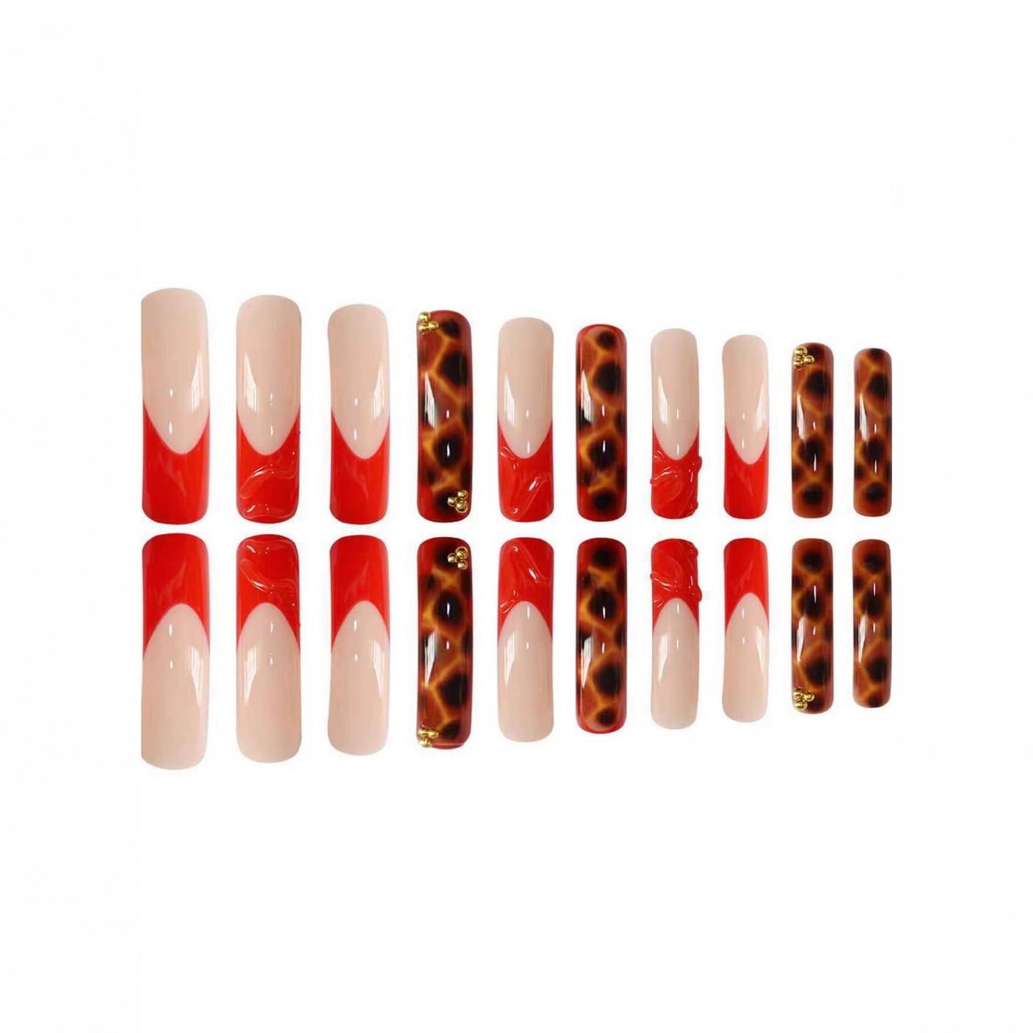 Curved Press on Nail 3d Fake Nails Red French Tip Press ones Extra Long Square with Water Stripe designs Leopard Print Stick on Nails Gold Rhinestones Acrylic Full Cover Gel Glue on Nails for Women