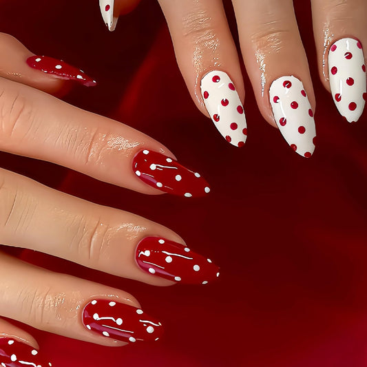 Red White Polka Dots Press on Nails Medium Almond Fake Nails Glossy Full Cover Acrylic Glue on Nail for Women