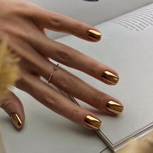 Gold Press on Nails Short - Square Fake Nails with Solid Color Design - Chrome Full Cover Stick on False Nails - for Women 24 Pcs