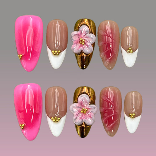 Luxury Press on Nails Medium Almond Handmade 3D Unique Reusable ABS Material Fake Nails White French Tip False Nails with Designs Pink Flower Art Petal Glossy Glue on Nails Thick Acrylic Nails(S)