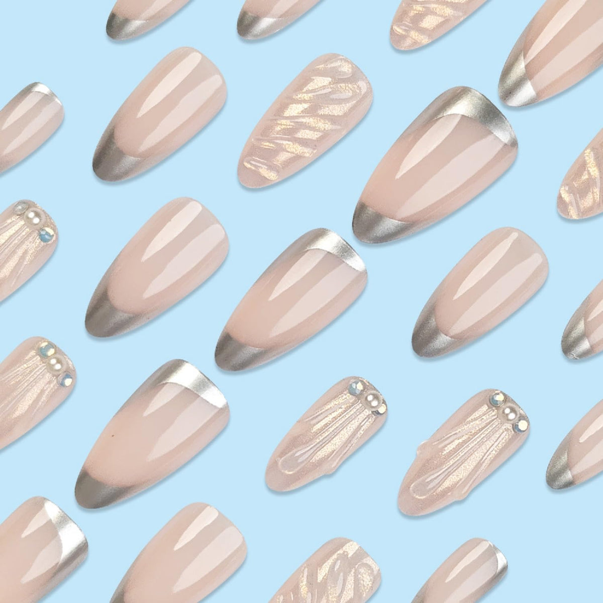 Medium Press On Nails Almond Fake Nails 3D With Pearls Design French Tip False Nails Nude Acrylic Full Cover Glue On Nail Reusable Stick On Nail For Women Manicure Art 24pcs