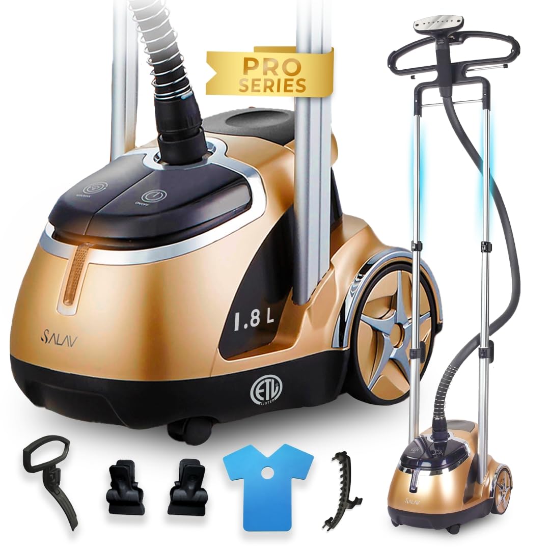 SALAV® Professional Standing Garment Steamer with Retractable Power Cord, Foot Pedal Control, Wheels for Easier Movement (Gold)