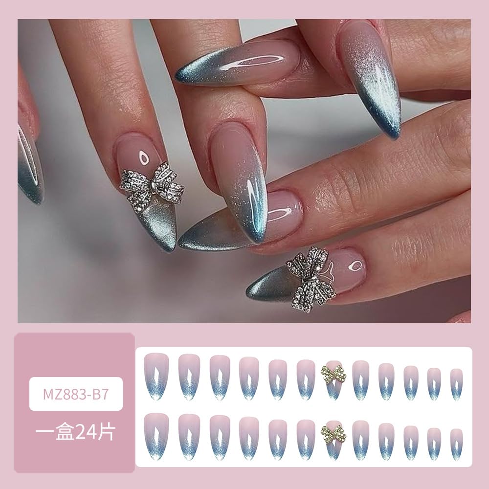 Medium Press On Nails Almond Fake Nails Gradient Glitter With Bow Charms Design Nude False Nails Acrylic Full Cover Glue On Nail Reusable Stick On Nail For Women DIY Manicure Decoration 24pcs