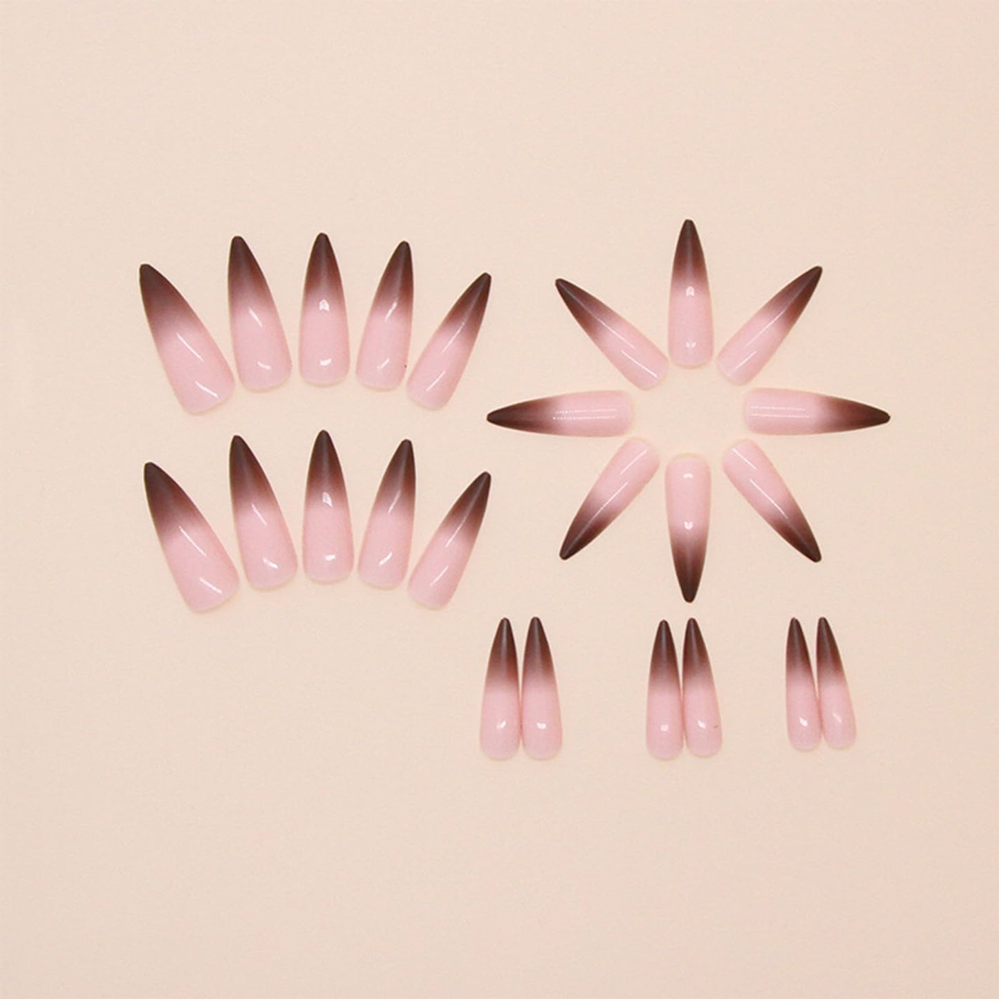 IMRAIN Stiletto Press on Nails Long Length Fake Nails Glossy Brown Gradient Gel Glue on Nails Full Cover Nude Fall Artificial False Nails for Women Girls 24Pcs