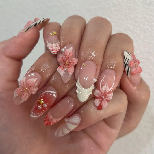 XZMeiLun 3D Pink Flower Press on Nails Medium Almond – White French Pear Designs, Acrylic Reusable Fake Nails with Adhesive Tabs Glue, Salon Quality Nail Press Ons - 24Pcs Nail Kit for Women Manicure