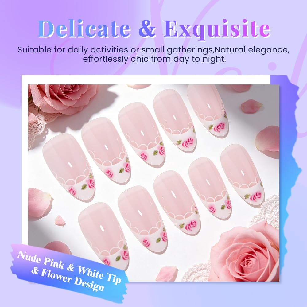 evpct Nude Pink French Press on Nails Short Almond with Spring Summer Flower Design, White French Tip Stick on Nails for Women, Reusable Full Cover Soft Press on Fake Nail Perfectly Fit with Design