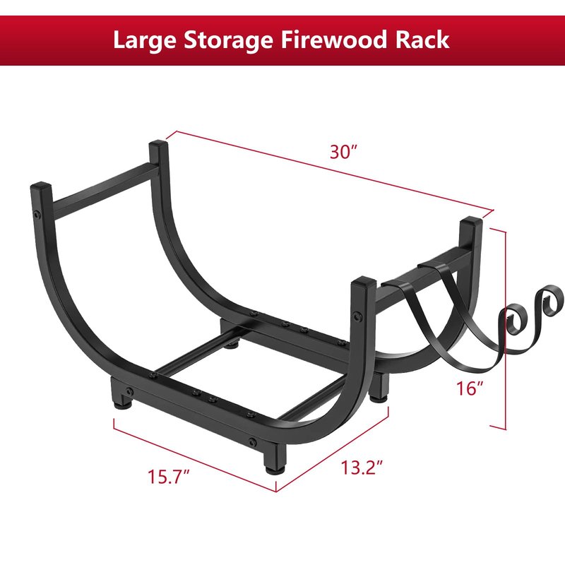 BeGyoku Firewood Rack Outdoor&Indoor,30'' Firewood Holder with Kindling Wood Hooks&Adjustable Feets,Heavy Duty Metal Log Rack,Black Curved Log Holder,Fire Wood Storage Organzier for Fireplace&Patio