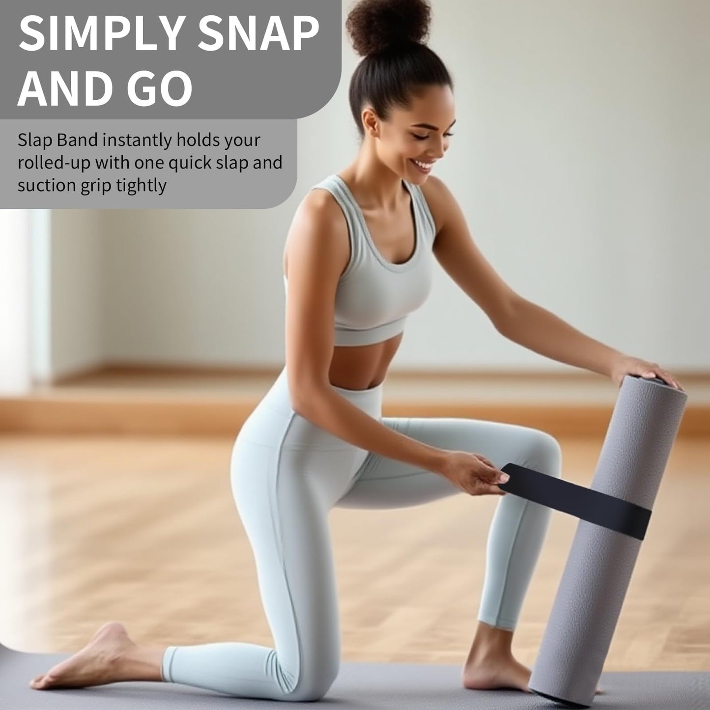 Yoga Mat Strap Slap Band- Extended Silicone Self-Rolling Mat Tie with Suction Cup Grip - Silent Snap Holder & Carrier for Thick Mats, Foam Rollers(25"L x 2""W) (Black)"