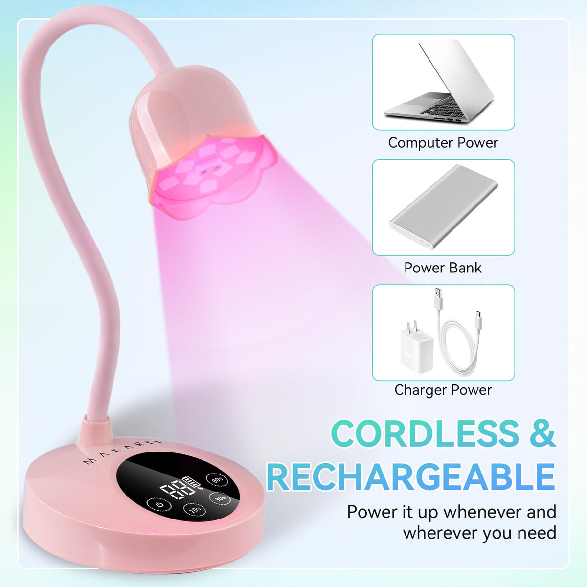 Makartt UV Nail Lamp: Flash Cure lamp UV Light for Gel Nails Polish Luminoza 30mW/cm² Rechargeable LED Nail Light with 4 Timers & Auto Sensor Fast Curing Goosenecks Lamp for Home DIY Manicure (Pink)