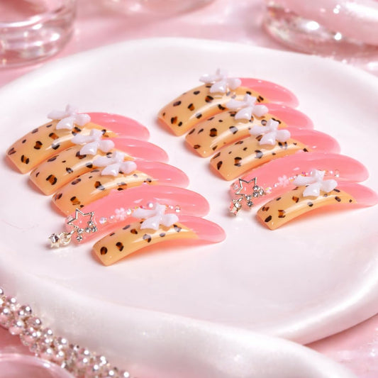 IntoVibes 10 Pieces Handmade Luxury Long Press On Nails With Curved Design, Bowknot And Leopard Prints, Pink Thickened False Nails, Reusable Fake Nails, Square Acrylic Nails (S)