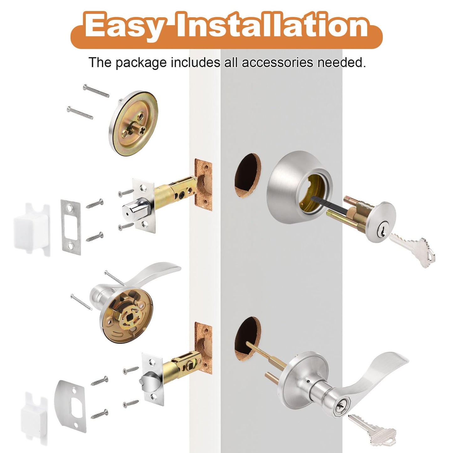Probrico 6 Sets-Satin Nickel Exterior Entry Lever and Single Cylinder Deadbolt Combo Pack,Keyed Alike Entry Handleset for Front Entrance Door,Wave Shape Lever,Contractor Park