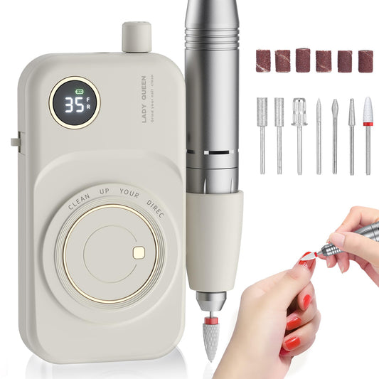 Portable Nail Drill Electric File: 35000RPM Professional Rechargeable Nail E File Machine,for Acrylic Nails Gel Polishing Removing, Cordless Efile with Bits Kit for Manicure Salon Home (White)