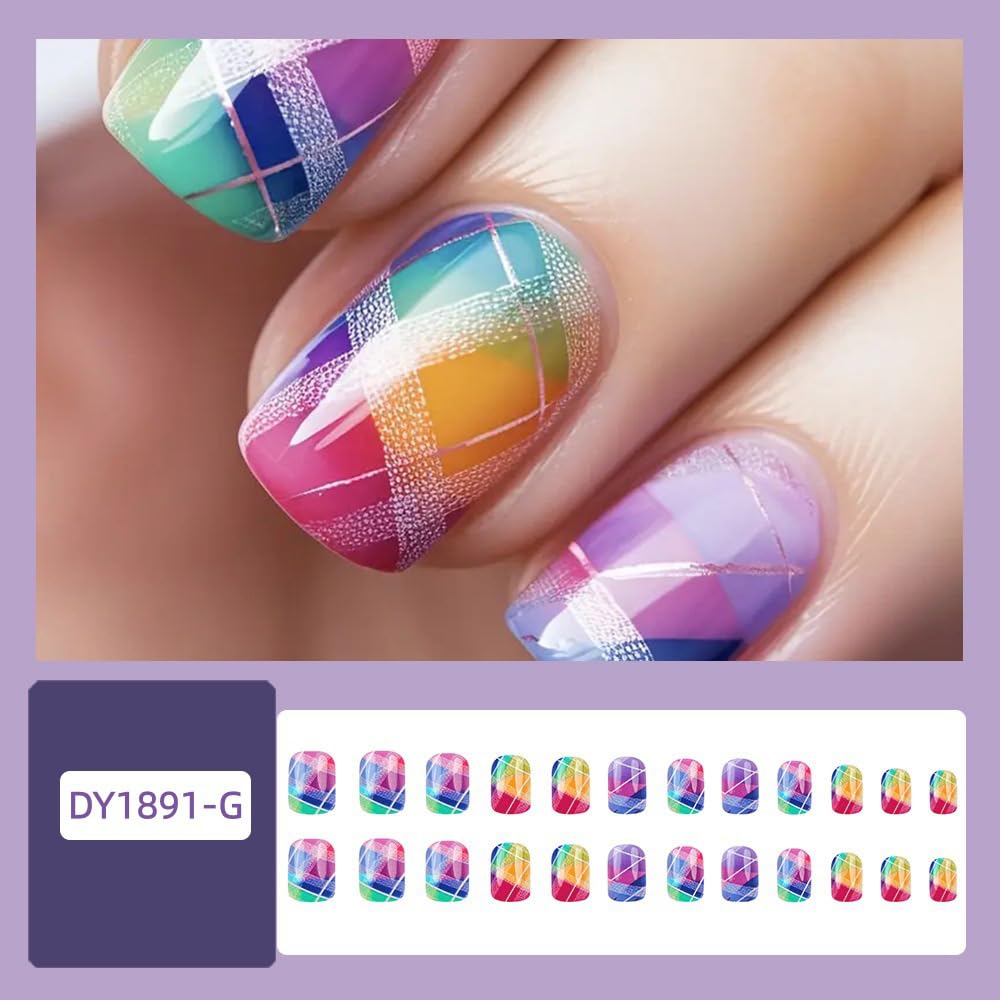 Press on Nails Short Square Colorful Fake Nails with Designs Summer False Nail Short Square Nails Press ons Fingernails Full Cover Artificial Acrylic Stick on Nail for Women 24PCS