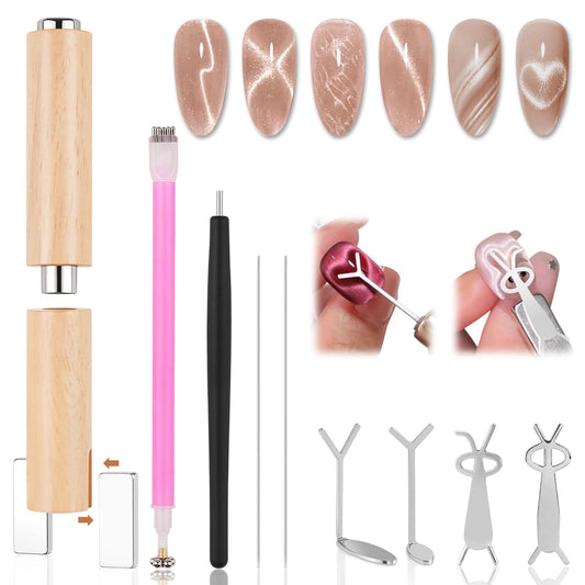 EBANKU 6 in 1 Cat Eye Nail Magnet Tool Set, Multifunctional Wooden Handle Nail Magnet, Heart Rabbit Shape Cat Eye Magnet for Nails, Magnet Pen with Steel Ball for French Nail Art DIY at Home