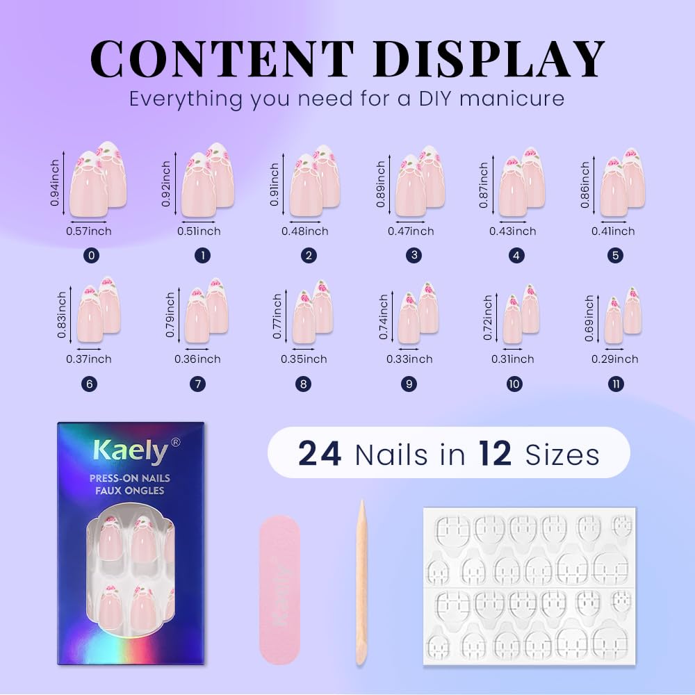 evpct Nude Pink French Press on Nails Short Almond with Spring Summer Flower Design, White French Tip Stick on Nails for Women, Reusable Full Cover Soft Press on Fake Nail Perfectly Fit with Design