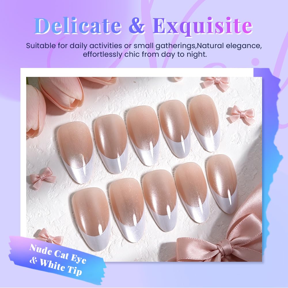 evpct Nude Cat Eye French Tip Press on Nails Almond Medium No Glue, White French Tip Medium Almond Holographic Stick on Nails for Women, Reusable Full Cover Soft Press on Nail Perfectly with Design