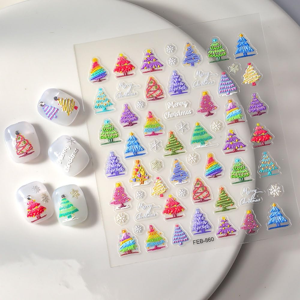 Christmas Nail Art Stickers 5D Embossed Colorful Xmas Tree Nail Stickers Self-Adhesive Snowflake Xmas Tree Nail Decals for Women Girls Winter Holiday Manicure DIY Nail Supplies