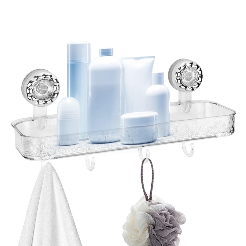 LELE LIFE Suction Cup Shower Caddy - Acrylic Shower Organizer Large Removable Bathroom Shelf, Powerful Suction Basket Bathroom Storage Rack with 4 Hooks, Clear