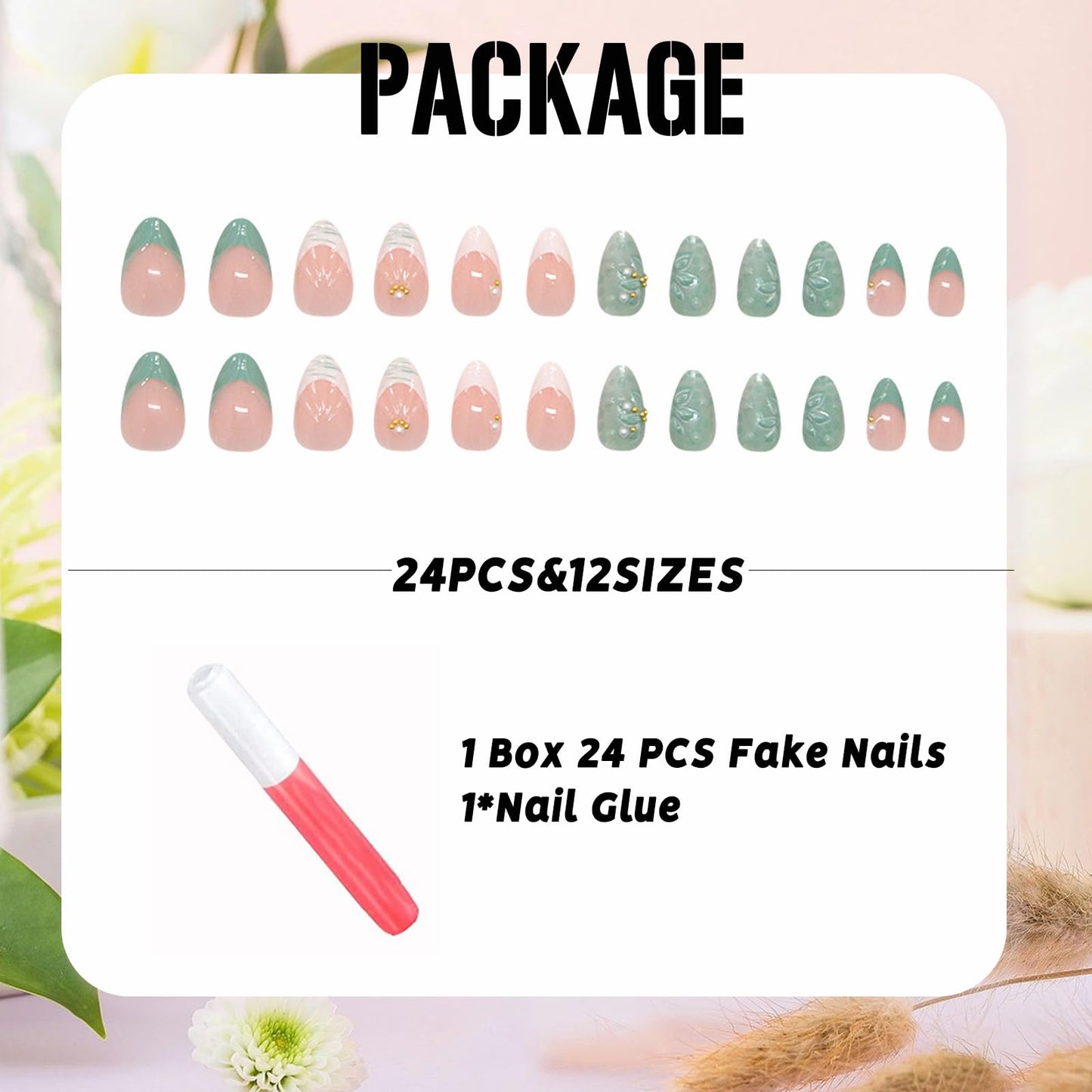 IMSOHOT Medium Press on Nails Almond Fake Nails White French Tips False Nails Full Cover Green Glossy Glue on Nails Gel Handmade Acrylic Nail Supplies for Women Girls Manicure Decoration