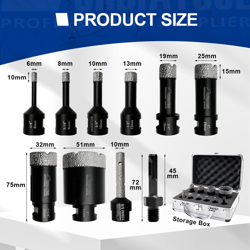 SHDIATOOL Diamond Core Drill Bits Hole Saw Kit for Porcelain Tile Ceramic Marble Brick Vacuum Brazed Cutter Set 10-Piece （6/8/10/13/19/25/32/51mm +10mm+SDS Plus
