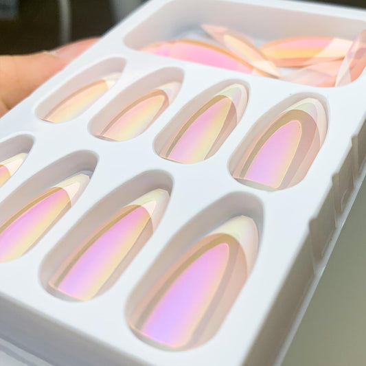 French Tips Press On Nails Almond Chrome Glossy Pearl Powder Full Cover Acrylic Nails with Mirror Glue Ons for Women - 24 Pcs