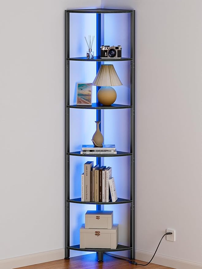 Furnulem 6 Tier Corner Shelf with LED Light, 67.5Ã¢ÂÂ Tall Standing Shelf Organizer, Black Narrow Bookshelf with Storage Rack for Wall Corner, Living Room, Bedroom, Metal Frame, Wood Display Shelf