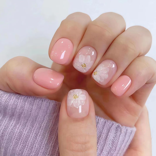 Flower Press On Nails - Glossy Pink Nails with White Flowers Designs - Cute Short Acrylic Nail Kit - 24Pcs