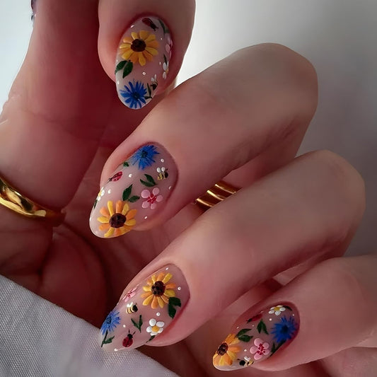 Press on Nails for Women Short Flowers French Almond Nail Tips Acrylic Nail Fake Nails Press 24 Pcs