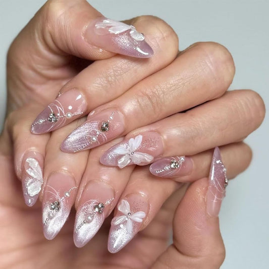 24Pcs Medium Almond Press on Nails - Pink Glitter Gradient Fake Nails with 3D White Butterfly Rhinestone Pearl Design Glossy Full Cover Acrylic Nails Reusable False Nails for Women Wedding Daily Wear