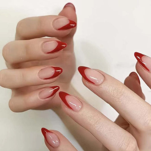 Kamize Press on Nails Medium French Fake Acrylic Nails Full Cover Red False Nails for Women and Girls24PCS