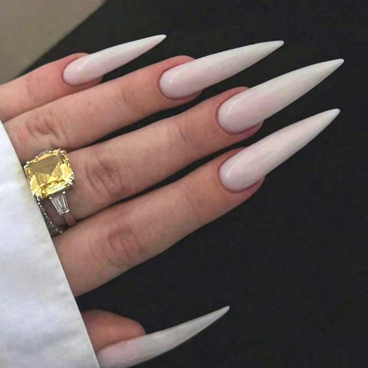 White Solid Color Press on Nails Extra Long Stilettos Fake Nails Glossy Full Cover Glue on Nail for Women