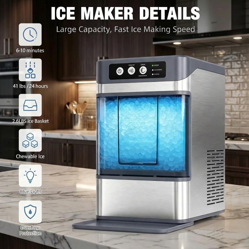 MOMOKOVA Nugget Ice Maker Countertop for Chewable Ice, 41lbs/24H Portable Pellet Ice Machine with One-Click Operation Self-Cleaning for Home, Kitchen, Bar, Office, Party (Silver)