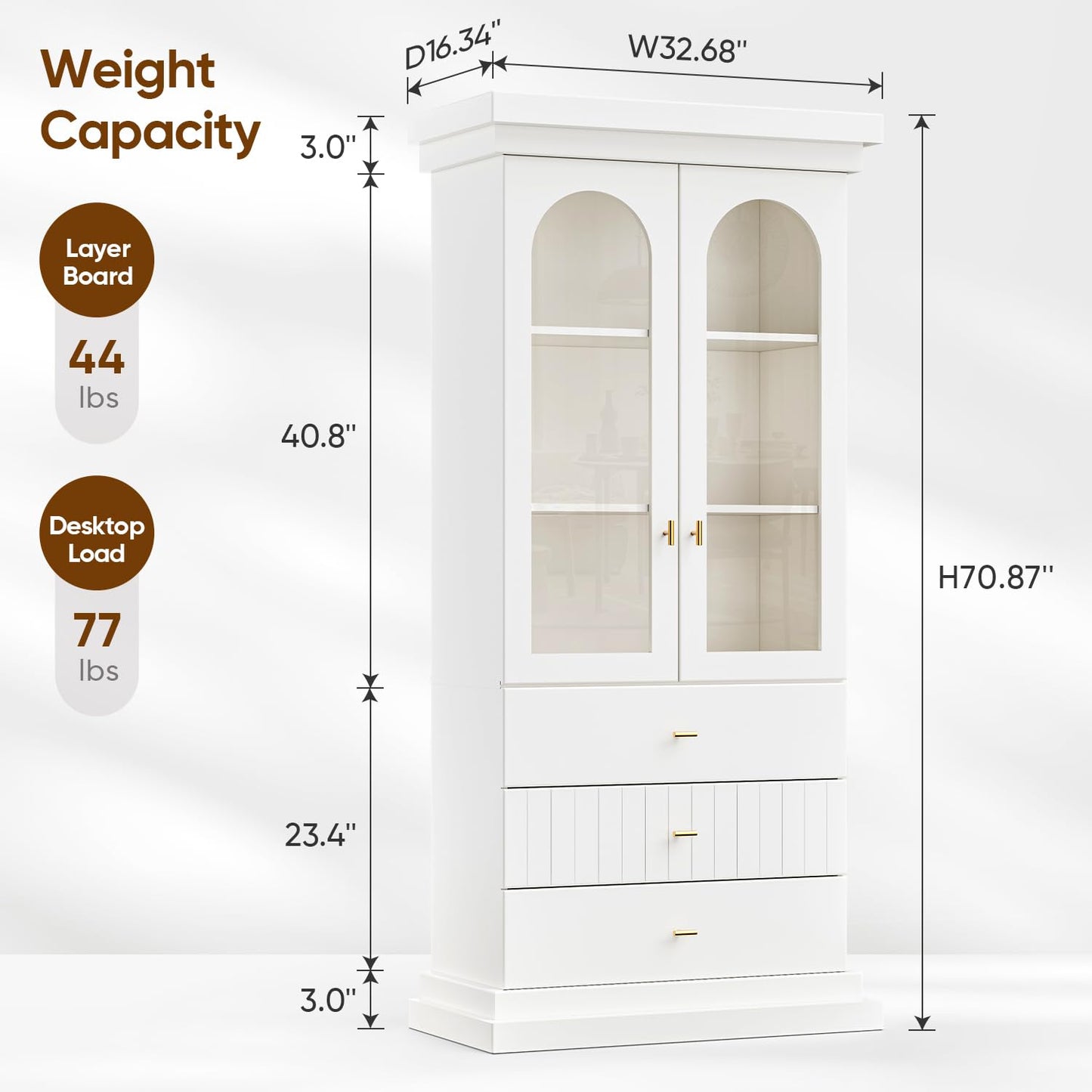 Vyre 71" Arched Kitchen Cabinet, Glass Door Display and Tall Storage Cabinets with Drawers, Modern Pantry for Dining Room or Living Room, White with Gold Handles, 3 of Set