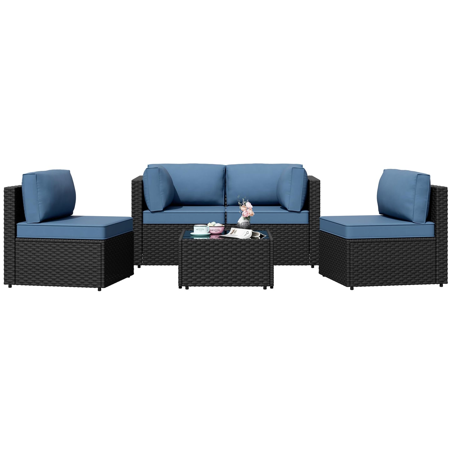Shintenchi 5 Pieces Outdoor Patio Sectional Sofa Couch, PE Wicker Furniture Sets, Patio Conversation Sets with Washable Cushions Glass Coffee Table for Garden, Poolside, Backyard, Aegean Blue