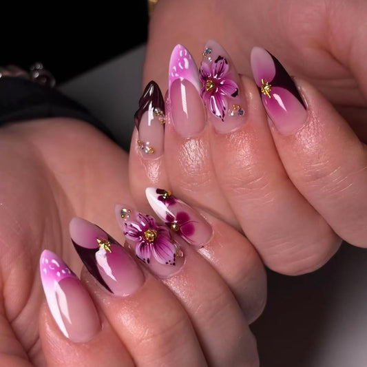 24Pcs French Tip Press on Nails Almond Fake Nails with Floral Gold Bead Pearl Design Handmade Acrylic Nails Press ons Reusable False Nail Spring Summer Flower Stick on Nails for Women Flower Nail Art
