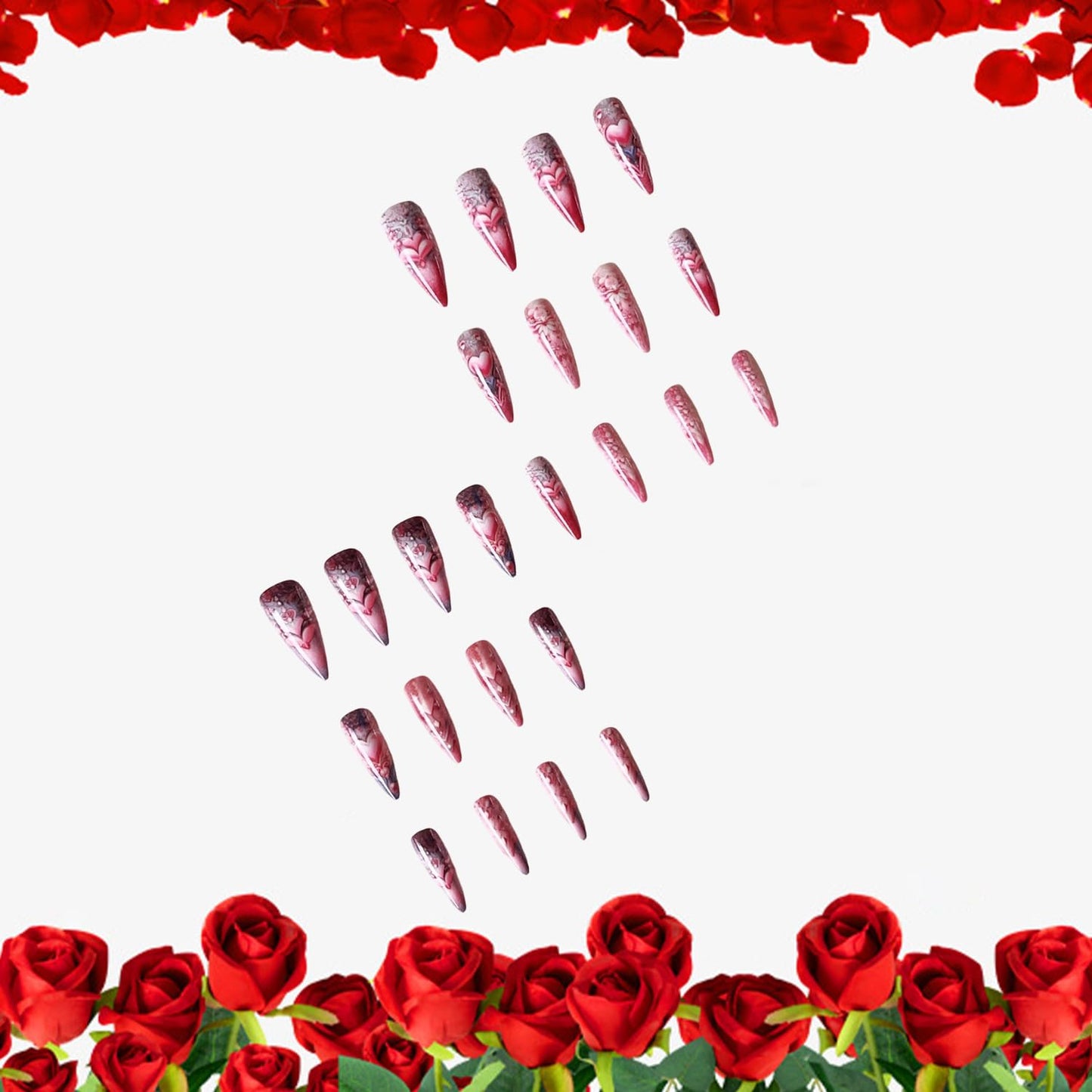 Heart Press on Nails Extra Long Artificial Acrylic Pink Multi Layered love Fake Nails Pink Rose Coffin Nails Full Cover Glossy Valentines Stick on Nail Artificial Fingernails Women Festival Manicure