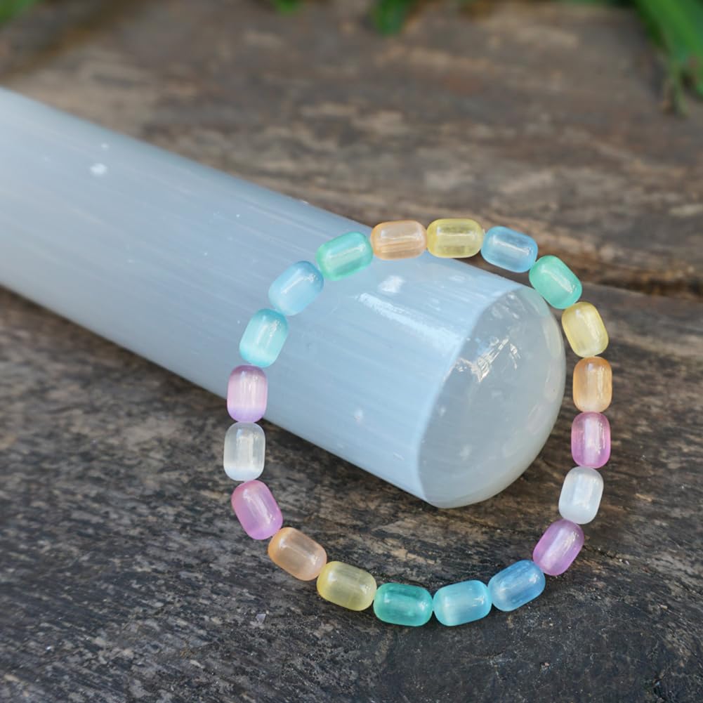 TaHLga Natural Rainbow Selenite Crystal Bracelet | Plated 6x9mm Cylinder Beads | Authentic Stone with Leather Pouch, Gift Box & Repair Kit | Fits about 7 inch Wrist