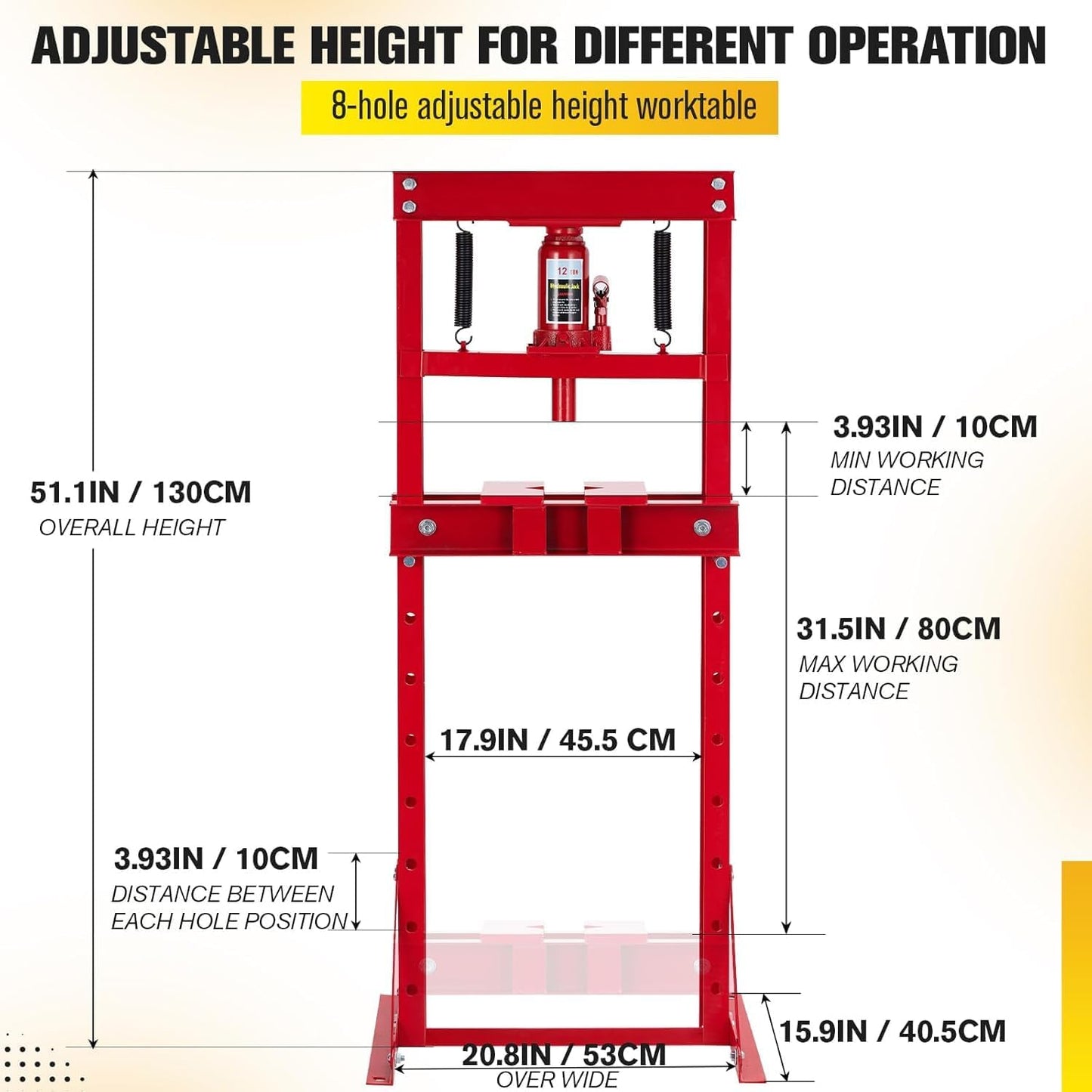 12-Ton H-Frame Hydraulic Press with Adjustable Table & 2 Press Plates, Heavy-Duty Shop Press for u-Joints, Metal Bending, and Garage Repairs