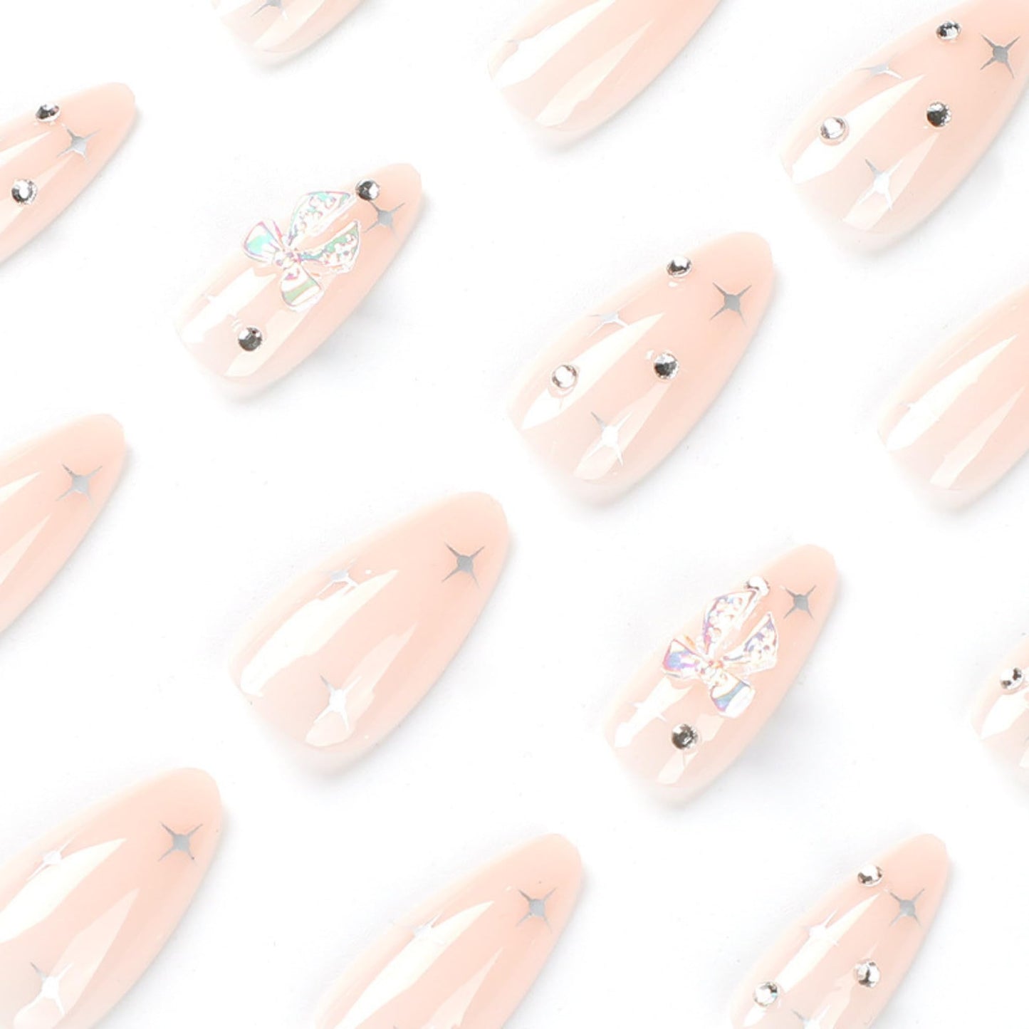 Almond Press On Nails Medium Fake Nails with Nude Gradient&Rhinestones Star Designs in 12Sizes-24PCS,French Tip Nail Set for Women&Girls, Nail Washable,Easy Application for Parties,Daily Wear