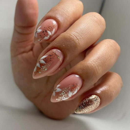 Taoyisent Glitter Ombre Press On Nails Almond Glossy, Pink Floral Fake Nails with Rose Gold Sparkle Design, Reusable Full Cover Stick On Nails for Women Party Wedding Daily Wear, 24PCS