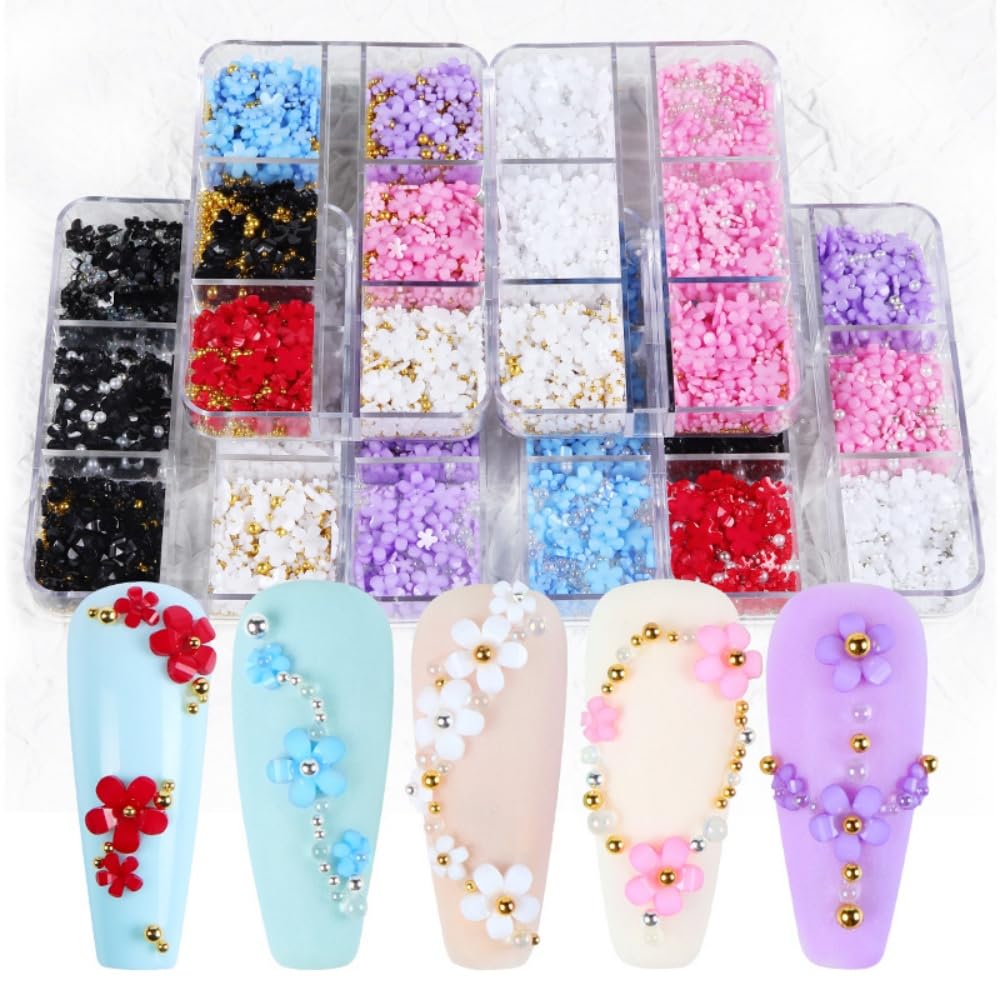 1 Box 6 Color Holographic Flower Nail Glitter Colorful Petal Nail Sequins 3D Red Purple Nail Flakes Sparkly Powder Flakes Shiny Nail Glitter Gold Beads Nail Sequins Glitter for Nails Art 6 Grids