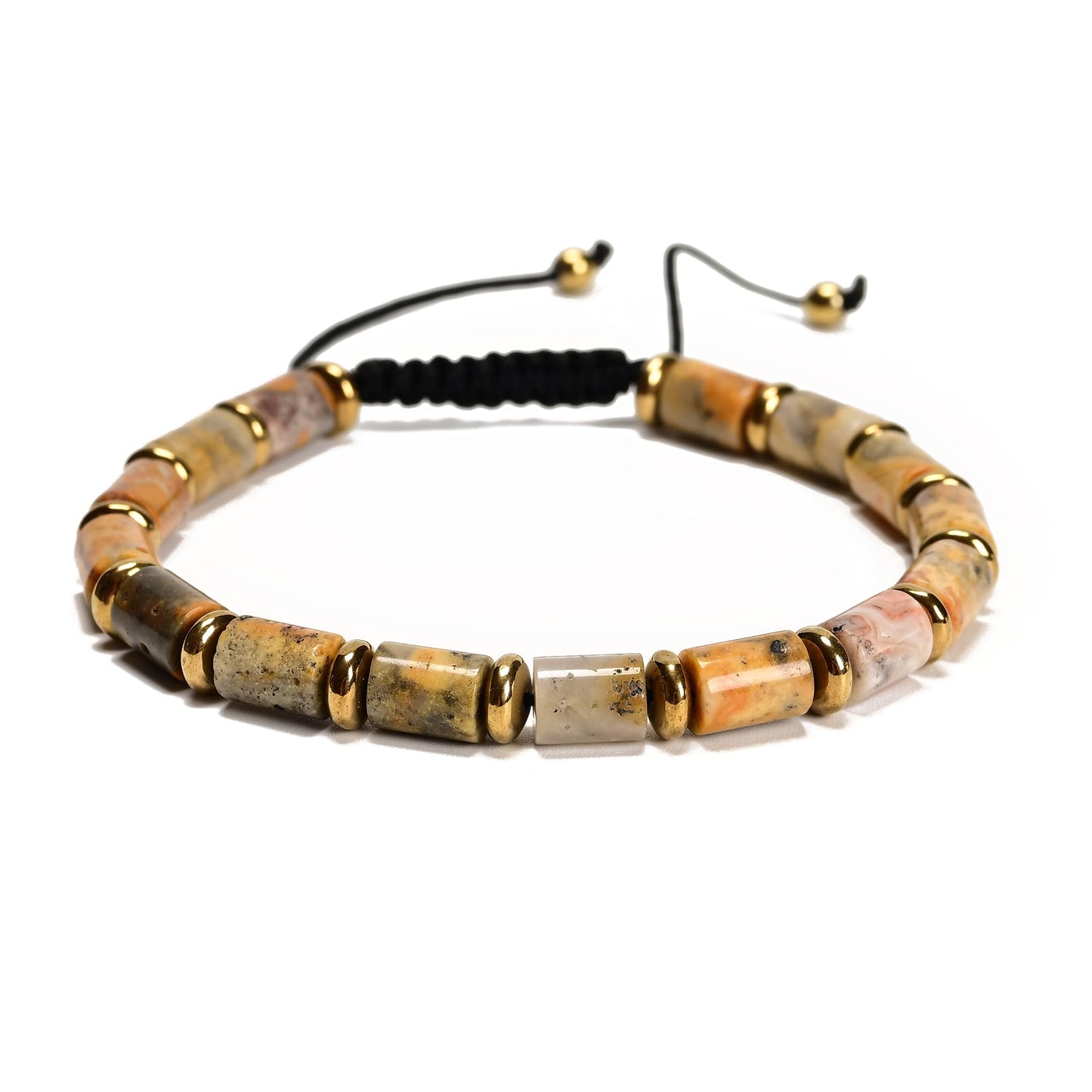 Land Long 2Pcs 6x8mm Tube Natural Yellow Crazy Agate Adjustable Bracelet - Healing Stone Unisex Chakra Energy Holiday Spiritual Gift for Yoga Meditation
