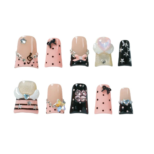Tesytto Handmade Press On Nails Y2K Black Pink Polka Dot Short Duck with Bow Star Heart Music Note Rhinestone, Reusable Goth False Nails for Party, 10 Pcs Set （Dark Sweet Melody,S)