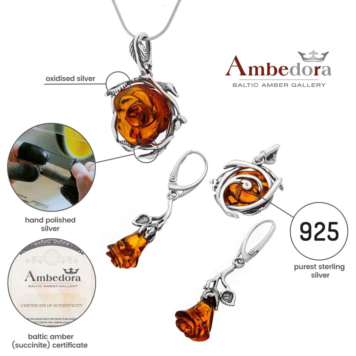 AMBEDORA Women's Jewellery Set Amber 060B, Oxidised Sterling Silver, Hand Carved Amber Roses in Cognac Colour, Silver Pendant on Chain and Earrings