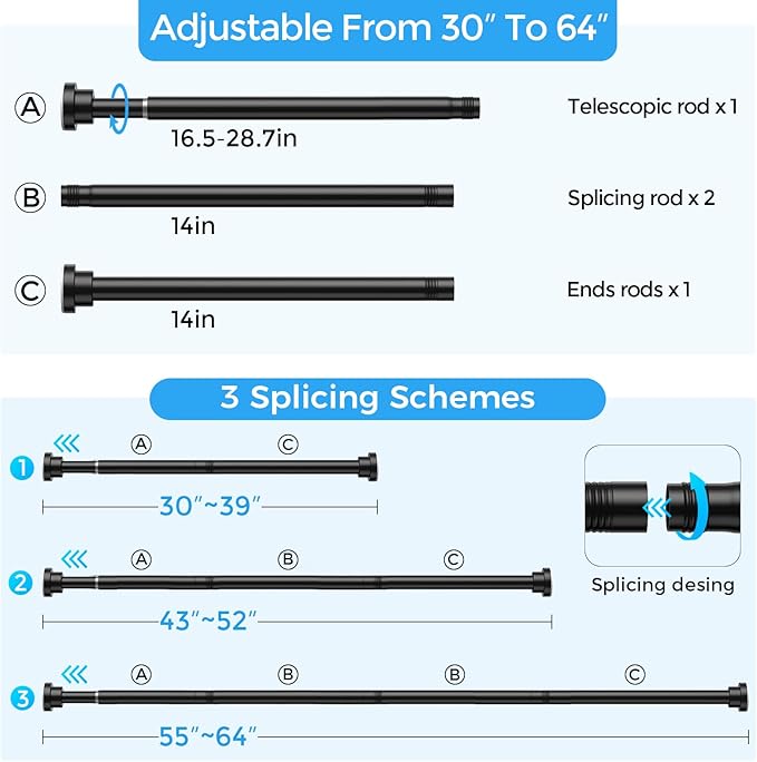 Shower Curtain Rod 31-63 Inch,0.87"Diameter Adjustable Spring Tension Curtain Rods No Drill,Matte Black Shower Tension Rod for Bathroom,Room Divider,Window,Anti-Rust Non-Slip 2-Pack