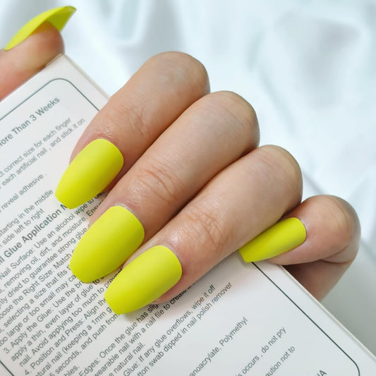 DARKMXTR Neon Yellow Matte Press On Nails, Long Coffin Fake Nails 24pcs Easy Application Manicure Set for Work, Party & Daily Use, Perfect for Women and Students