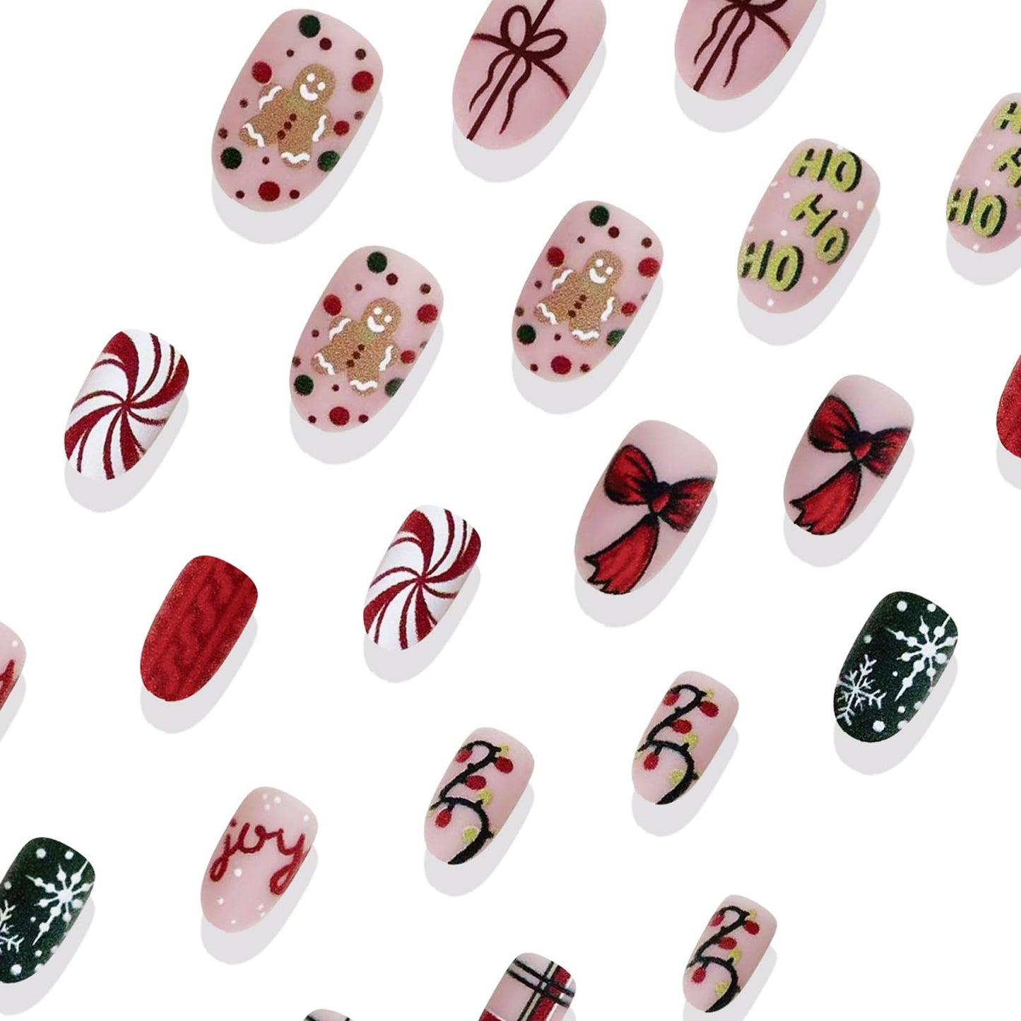 IMSOHOT Press on Nails Short Oval Fake Nails Matte Red Green Round False Nails with Bow, Snowflake Designs Cute Acrylic Full Cover Glue on Nails for Women Girls 24Pcs