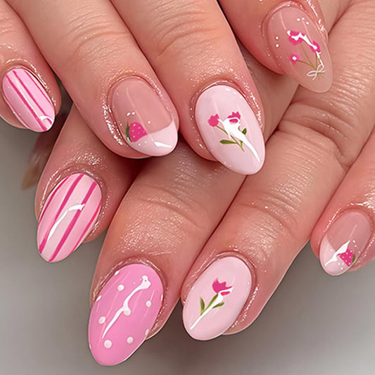 Flower Press on Nails Pink Almond Polka Dot Fake Nails with Strawberry & Stripe French Tip Nails Press ons, Medium Cute Summer False Nails Glossy Full Cover Stick on Nails for Women 24Pcs