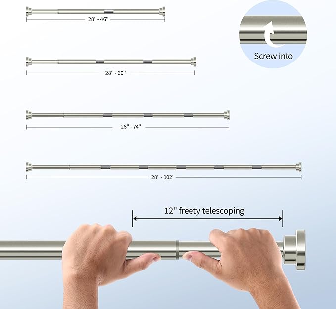 Mcrbeay Shower Curtain Rod, 1" Diameter Heavy Duty Tension Shower Rod, Non Slip Adjustable 28-46 inch No Drilling Shower Curtain Rods Spring Tension For Bathroom, Shower Stall, No Rust, Nickel