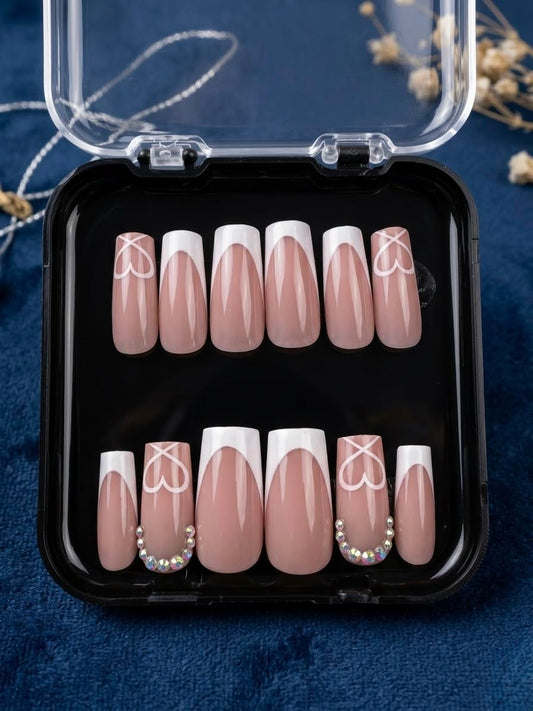 Viviera Handmade Press-On Nails, Blush Pink Nude with French Tips, Heart Design, Rhinestone Accents, 12 Count, with Manicure Kit